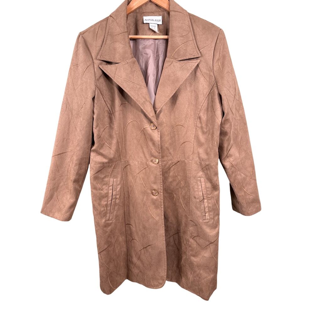 Annalese Womens Large Brown Suede 3 Button Velvet Embroidered Trench Coat Jacket